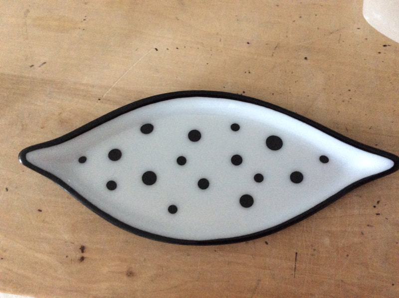black and white fused glass leaf bowl