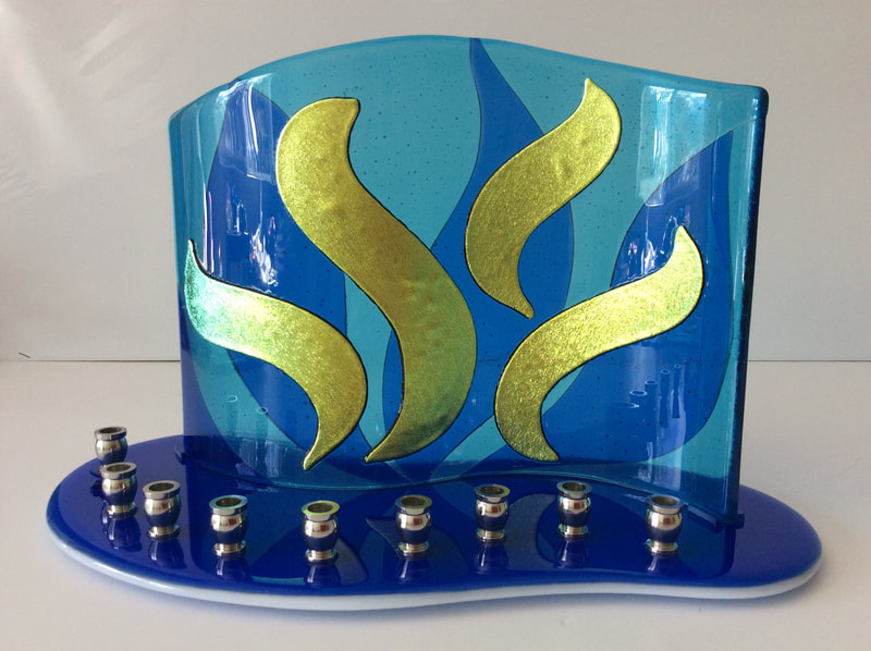 fused glass menorah with gold dichroic glass flames