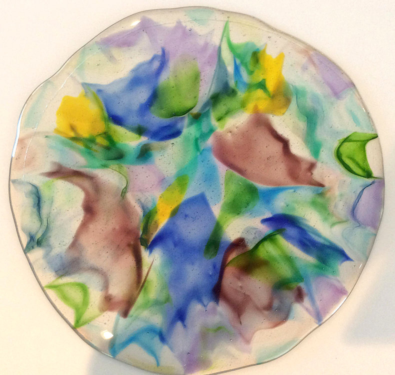 fused art glass serving platter created using a dilution technique